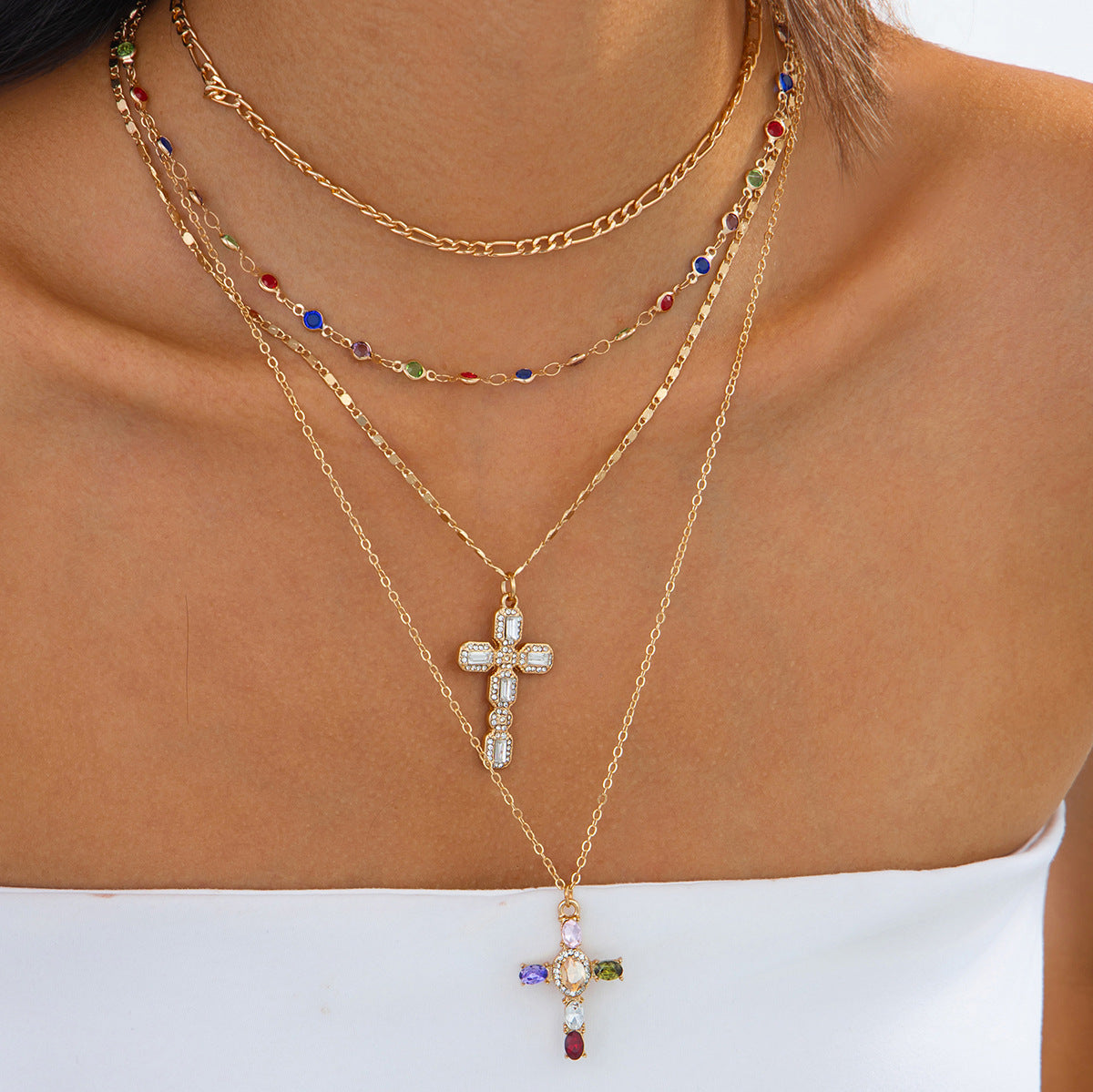 Wholesale Cross Colored Crystal Stacking Necklace